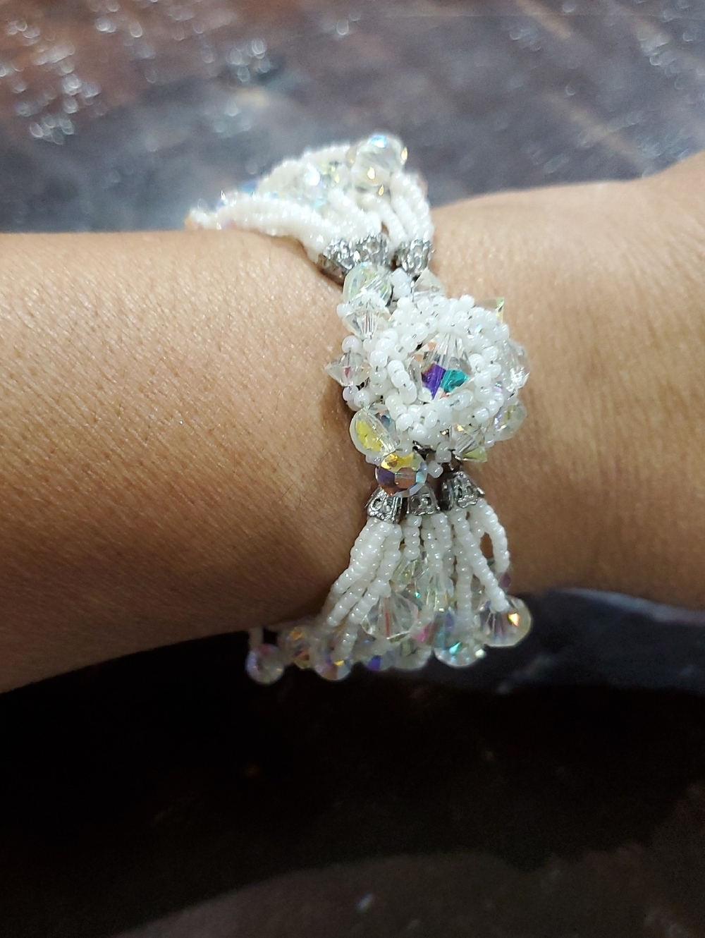 Vintage White Beaded Crystal Bracelet - Sparkling Iridescent Accents